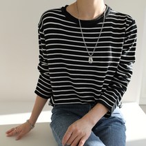 빼빼 여성용 말림넥 라운드 스트라이프 니트티셔츠