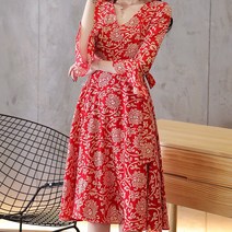 페이토 플라워 V넥 5부 소매 미디 원피스