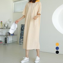 쿨쿠 여성용 후드 스트라이프 반팔 임산부 원피스