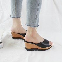 벨라노이 여성용 가죽 삼플 베이직 발편한 쿠셔닝 키높이 웨지 뮬 슬리퍼 8cm