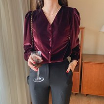 브이넥 벨벳 퍼프 블라우스 BL4354K1B