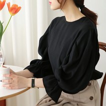 여성용 메이 퍼프 셔링 부드러운 모달 라운드 블라우스