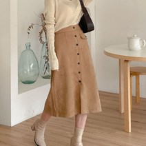 버튼 포인트 스웨이드 뒷밴딩 롱 스커트