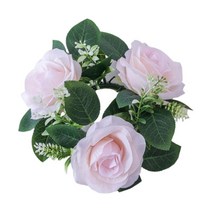 인공 장미 캔들 링 작은 화환 기둥 캔들 홀더 23cm 꽃 화환 크리스마스 할로윈 창 센터 피스 장식품, 라이트 핑크, 실크
