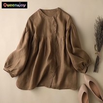 퀸앤조이 모카향기 노카라 버튼 린넨 셔츠 블라우스