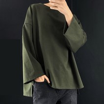 남성 루즈핏 스판 무지 레이어드 옆트임 긴팔 라운드 오버핏 티셔츠 남자 면티