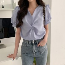 여자 꼬임 퍼프 반팔 검정색 블라우스