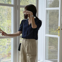 디작소 여성 봄 여름 하츠 도트 카라 반팔 블라우스