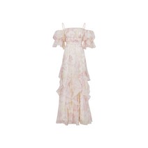 하객룩 봄신상 라운드넥 샤틴 디테일 꽃잎 커플시밀러룩 플라워 쉬폰 원피스 패턴 미디 레이어드