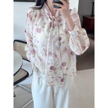 봄쉬폰장미프린트리본블라우스