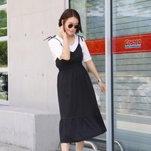 터치라인 블랙 브이넥 뷔스티에 셔링 롱원피스