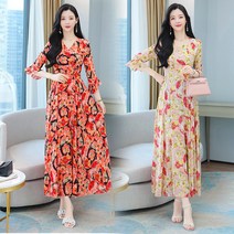 HQINT 긴 드레스 여성 여름 2022 New V -Neck Chiffon은 얇고 큰 비행기 홀리데이 해변 치마 발목 치마 ZA-245933