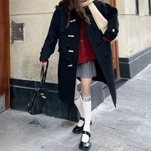 떡볶이코트 여성 더플코트 울 혼방 레트로 하이 스트리트 세련된 솔리드 블랙 디자인 칼라