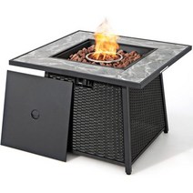 Tangkula 35인치 등나무 프로판 가스 난로 테이블 Patiojoy 50 000 BTU 야외 고리버들 파티오 프로판 난로(뚜껑 포함) 용암석 및 PVC 커버 자동 점화, 검은색
