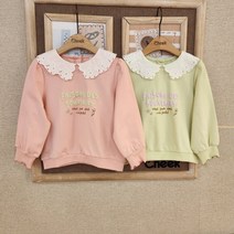 치크 23 S/S 유아 아동 키즈 토들러 여아 봄 여름 신상품! 산뜻한 파스텔 컬러감으로 봄 느낌 물씬! 에리 레이스로 맨투맨도 러블리하게! 에리 레이스 긴팔 라운드 맨투맨