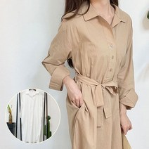 여성 봄 여름 캐주얼 긴팔 롱 허리끈 벨트 셔츠 원피스
