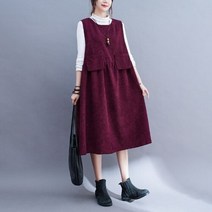레트로 코듀로이 조끼 드레스 여성용 중간 길이 느슨한 라운드 넥 작은 민소매 가을 겨울