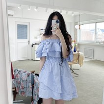 오프숄더 스트라이프 캉캉 프릴 원피스