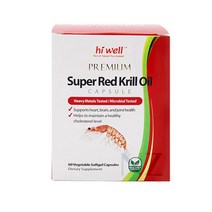 하이웰 슈퍼 레드 크릴오일 1000 오메가3 EPA DHA 아스타잔틴 60정 Hi Well Premium Super Red Krill Oil, 1개