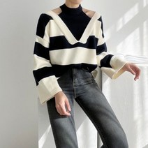 [하나비] 그하비에누리 여성 봄 가을 4컬러 라운드넥 스트라이프 2가지 스타일 연출 니트