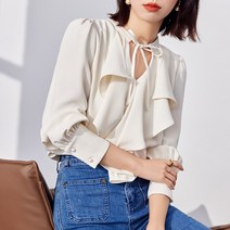 넷투넷코리아 여성 브이넥 루즈핏 단색 프릴 블라우스 긴팔 티셔츠
