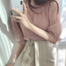 블라우스 여성용 셔츠 퍼프 반팔 상의 여성 여름 스위트 플리츠 얇은 핑크 쉬폰