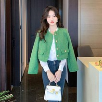 울 크롭 자켓 런웨이 겨 프렌치 올 매치 트위드 그린 재킷 코트 여성 세련된