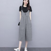 JAR 여름 여성 7부 오버롤 체크 와이드팬츠 멜빵바지 캐주얼 데일리 빅사이즈