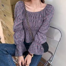여성블라우스코디 여성 스퀘어넥 밴딩 긴팔 블라우스 어깨 오프숄더