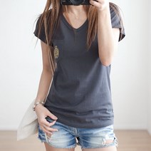 [미씨룩] 금박 자수 브이넥 여성 반팔티 여름티 반팔 롱티 여름옷 칠부티셔츠 면티 흰티 미시옷 여성옷 여성티 반팔셔츠 브이넥티 면티 무지반팔 무지티 검정티 박스티 여성티셔츠