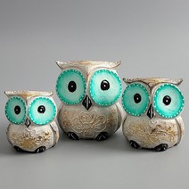 [ILLU]발리에서온 꽃민트아이 목각 나무 부엉이 장식소품 3P 장식품 인형 선반 콘솔품 인테리어 미니어처_hAeEA, ff본상품ff