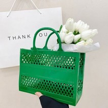 휴대용 바구니 가방 여름 대용량 쇼핑 바구니 핸드백 젤리 가방 해변 가방 어깨에 매는 가방 플라스틱 가방, Green