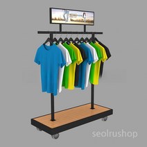 의류 매장 일자형 이동식행거 철제 우드 스탠드 상단광고프레임, 상단 광고판 부착_1.2X0.5X1.35m