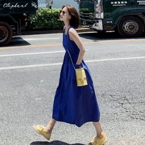 휴양지원피스 프랑스 레트로 블루 서스펜더 드레스 허리 슬리밍 태국 여행 착용 태교여행