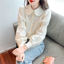 가을 여성 루즈핏 빅 터틀넥 셔츠 벌룬 소매 순면 셔츠