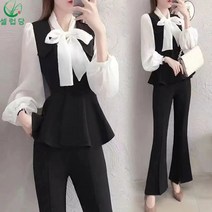 셀럽당 여성용 리본 슬림 상의+정장 나팔바지 투피스 가을 상하의 세트