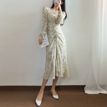 요시아나 [당일발송] 라리아 플라워 쉬폰 스퀘어넥 스트링 롱 원피스 -2컬러