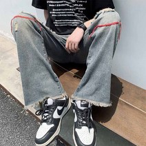 여름 코쿤 나혼자산다 힙합 남자통청바지 셀비지데님 연 진 생지 와이드 일자 밴딩 데님 찢청 남자 9부 청바지