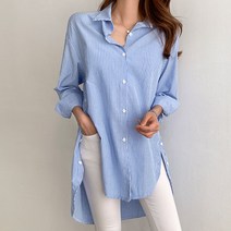 피핀 여성용 스트라이프 옆단추 박스 롱셔츠 #47844