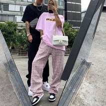 그린 핑크 유럽과 미국 조수 브랜드 ins 웃는 얼굴 남성과 여성 Bieber 같은 격자 무늬 와이드 레그 스트레이트 느슨한 캐주얼 바지