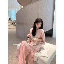 실크원피스 루즈 스노우 실크 넥 얼룩진 반소매 드레스 여성 여름 슬릿 롱 스커트