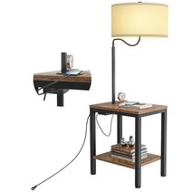 LityMax 테이블이 있는 플로어 램프 램프가 부착된 사이드 테이블 USB 충전 포트 및 AC 콘센트 거실 침실 전구 포함 블랙 오크 독서 조명이 침대 옆 나이트 스탠, Rustic Brown_2 Pack