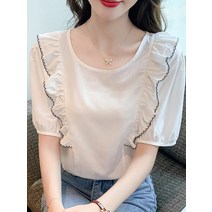 여성 반팔 티셔츠 프릴 블라우스 브이넥 반팔티 5부 반소매 면티 여자반팔티 인박카001