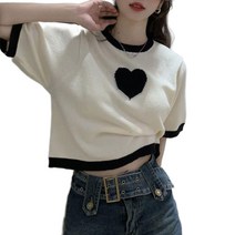 여자 여름 짧은 슬리브 크루 넥 티셔츠 대비 색상 트림 귀여운 사랑 하트 니트 풀오버 크롭 캐주얼 한 느슨한 블라우스 스웨터 주름 길거 스트리트웨어