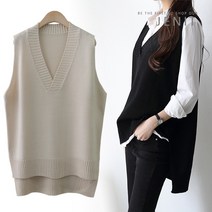 제니트 봄 가을 여성 레이어드 루즈핏 브이넥 롱 니트 조끼 베스트