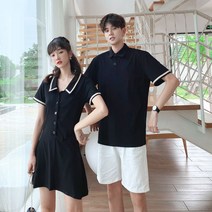 배색 브이넥 카라 단추 숏 원피스 제주도 커플룩 시밀러룩 신혼여행 남자 반팔 반바지