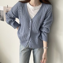 바이단미 여성용 루즈핏 니트 꽈배기 브이넥 가디건