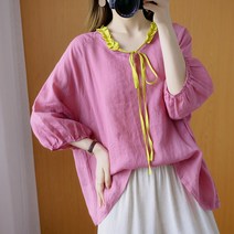 루즈한 칠부 소매 얇은 모시 블라우스 캐주얼 린넨 면마 티셔츠 F0535