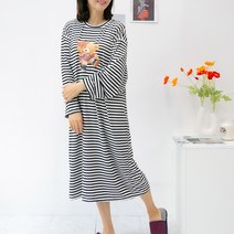 엄마옷마미소 곰돌이줄무늬원피스 부드러운 엄마원피스 스트라이프 롱 홈웨어 빅사이즈 스판 4060 미시옷
