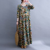 티티웍스 중년여성 빅사이즈 면 라운드 플라워 긴팔 홈웨어 롱 원피스 엄마옷 미시옷